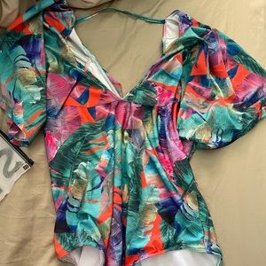 Tropical Print One piece swimsuit w/Sleeves